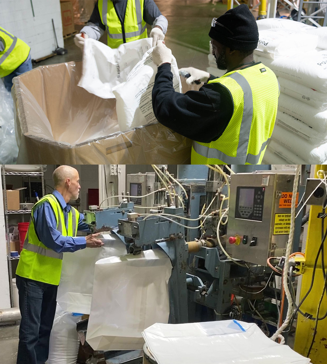 Top image: ASW Global associates repackage polymer (resin). Bottom image: An ASW Global associate prepares valve bags to be filled with polymer (resin).