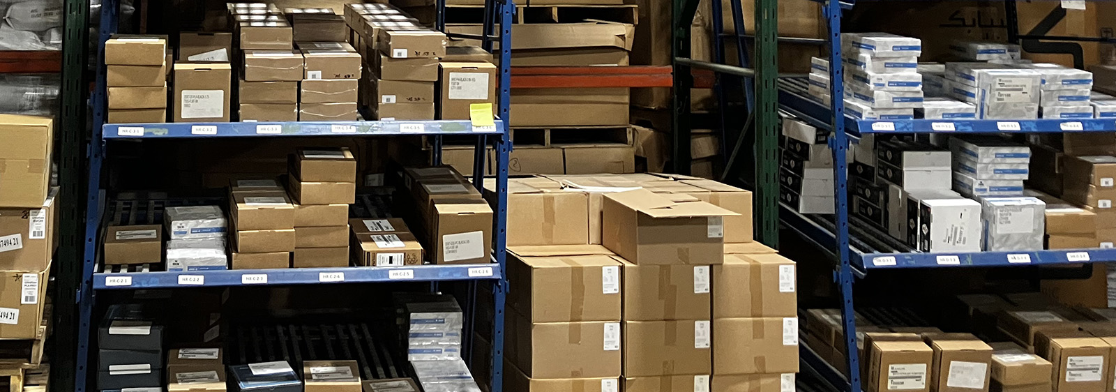 Inventoried product on racks in warehouse