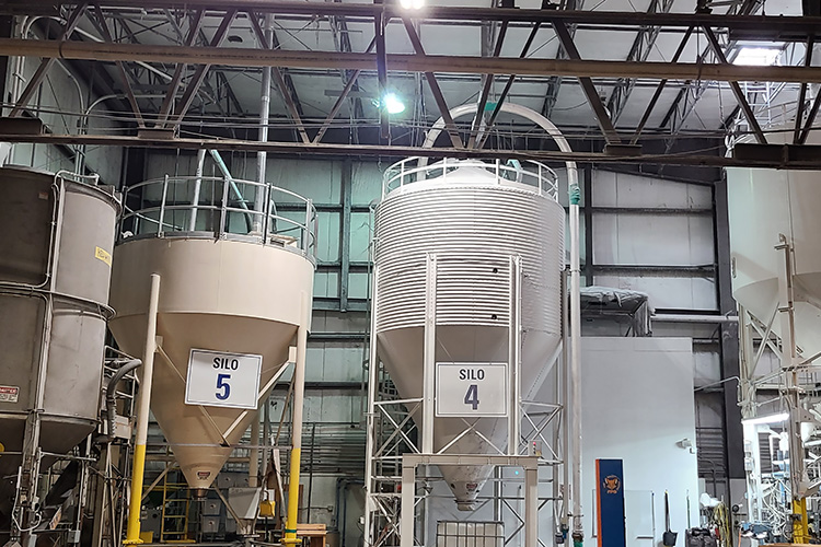 Polymer packaging silos and blender at ASW Global's NE Ohio distribution facility