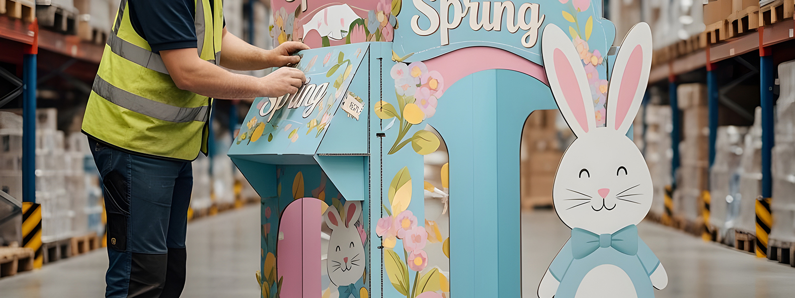 warehouse worker setting up a spring POP display