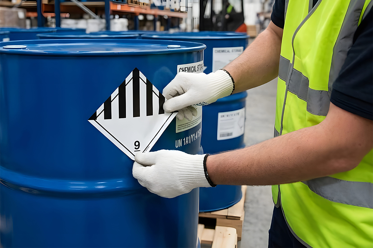 Chemical handling consisting of an associate labeling a class 9 drum