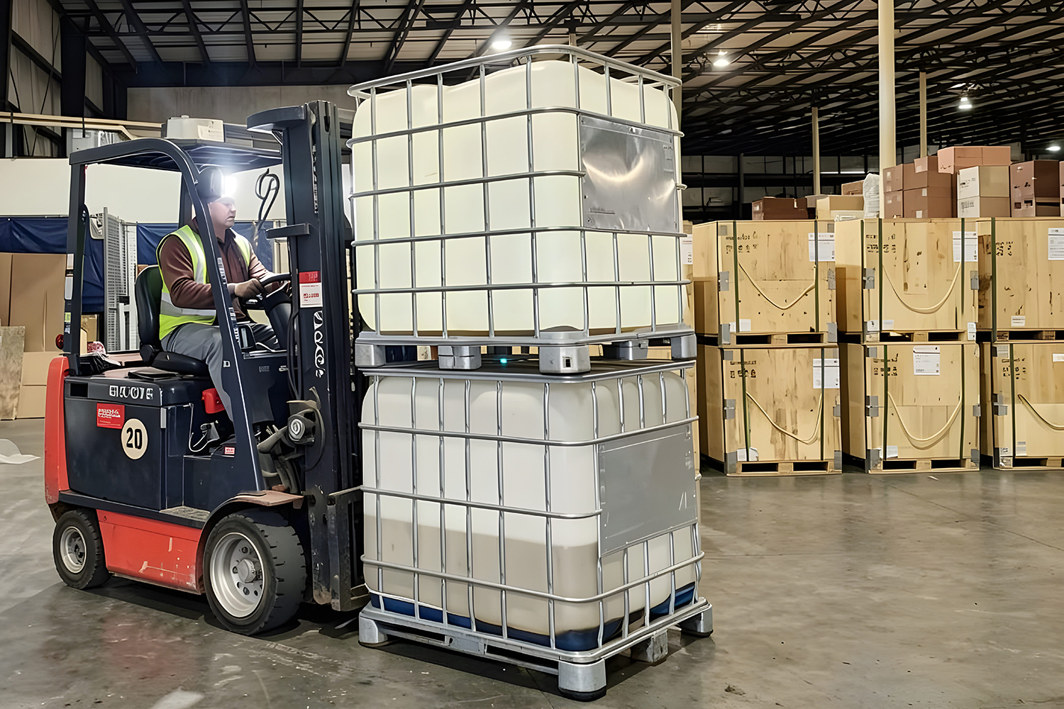 Forklift driver moving caged IBC totes as part of chemical handling services
