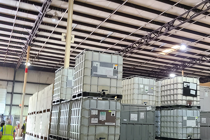 ASW chemical warehousing of stacked caged IBC totes