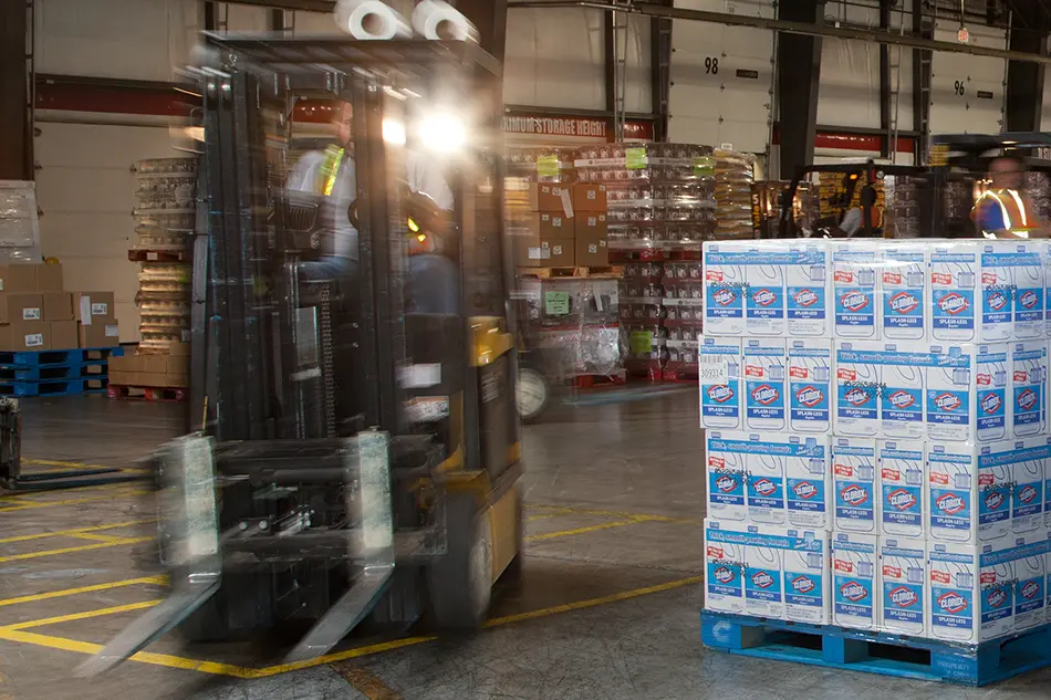 A forklift approaches Clorox product in ASW-managed fulfillment center