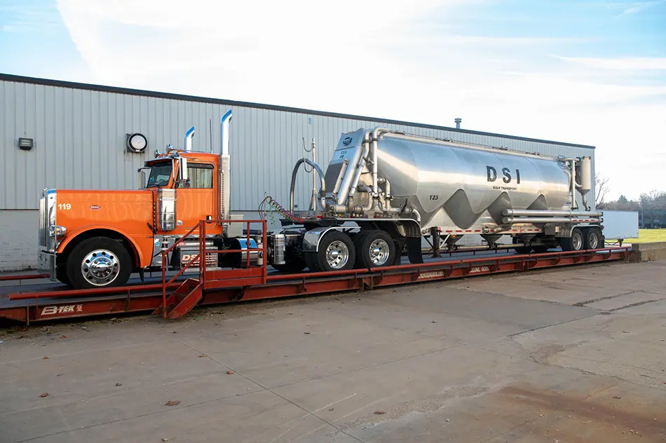 A tanker is weighed on the truck scale prior to transloading at ASW Global.